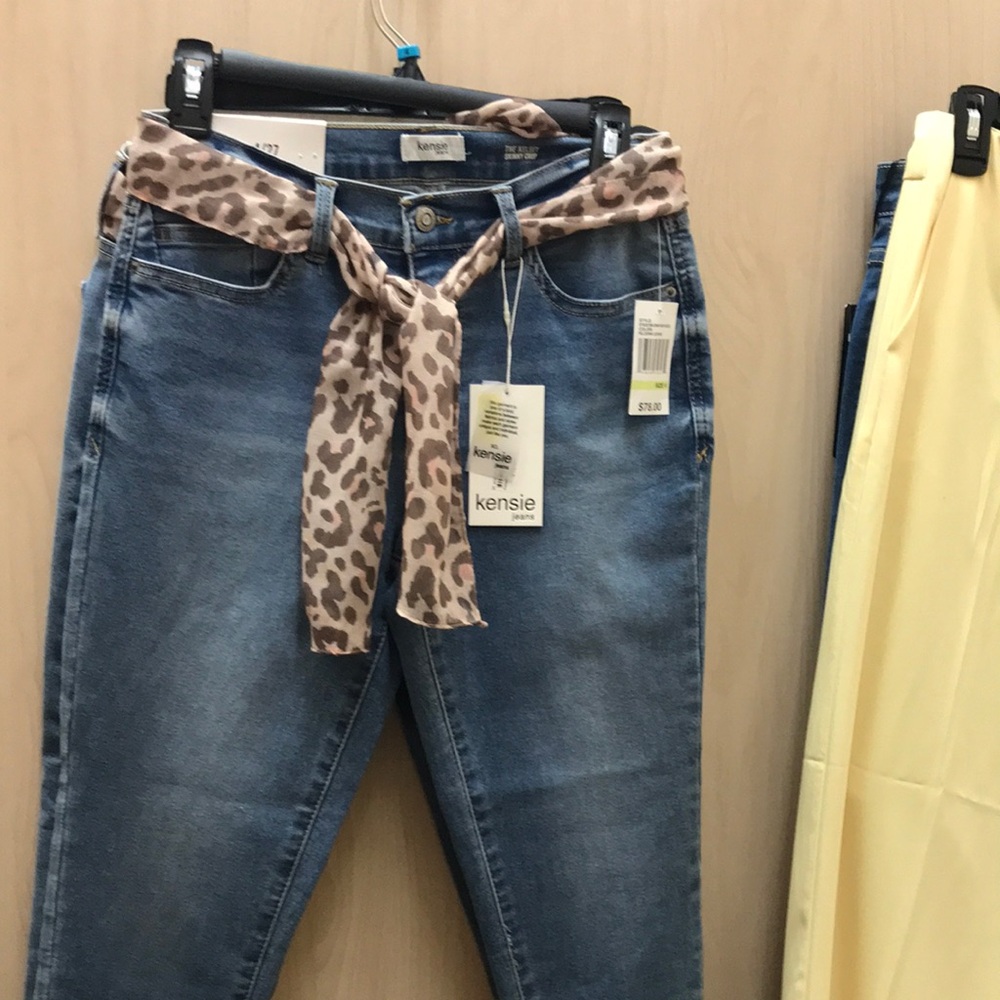 Kensie Women's Blue Denim Jeans with Leopard Print Tie
